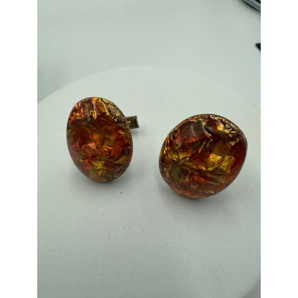 Vintage Mid Century Gold Foil Faux Amber Resin Oval Cufflinks Orange Gold Tone